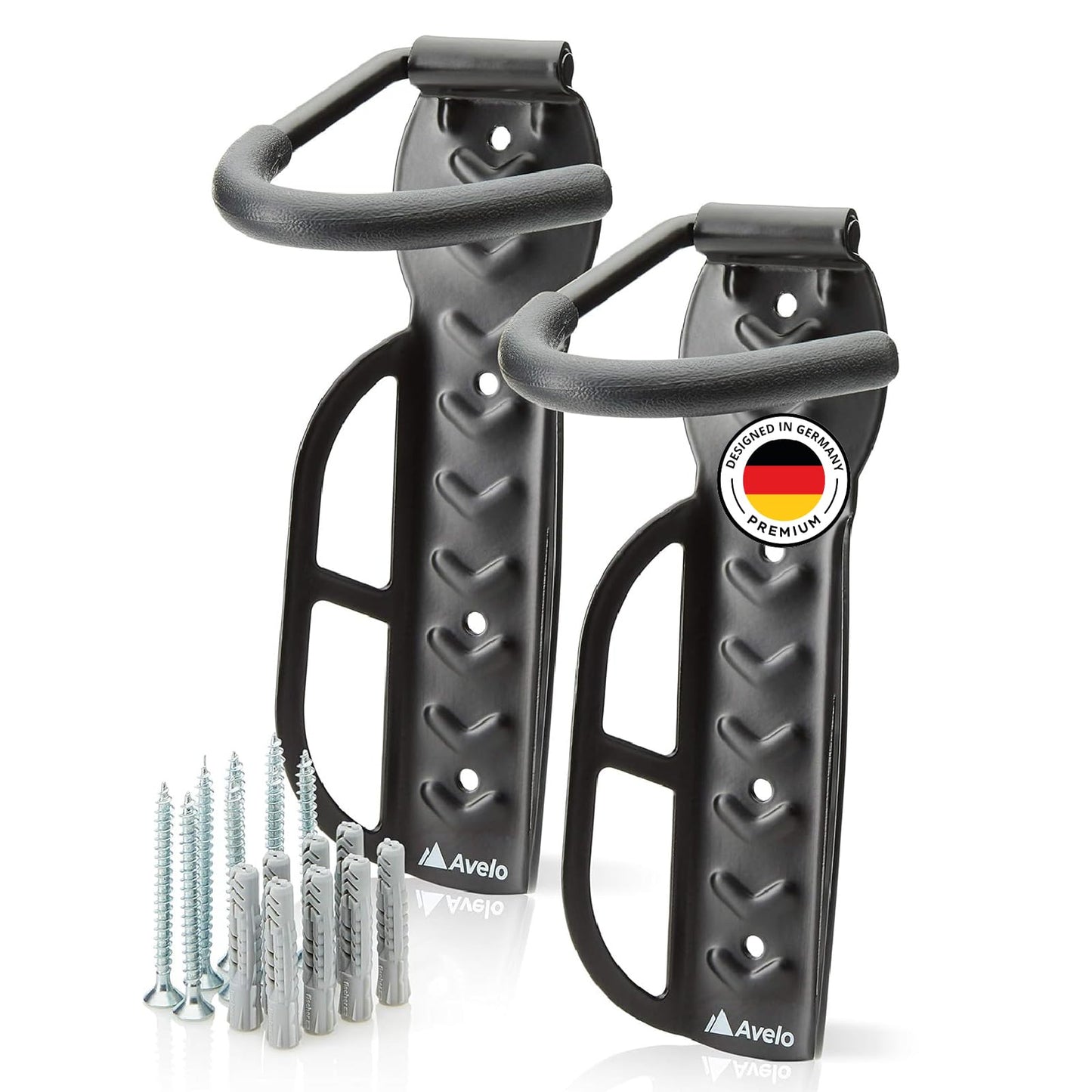 Avelo® Bike Wall Mount [2 pack] - Fits all bikes [Up to 25 Kg] - Wall bike rack with premium fischer® accessories (Black)