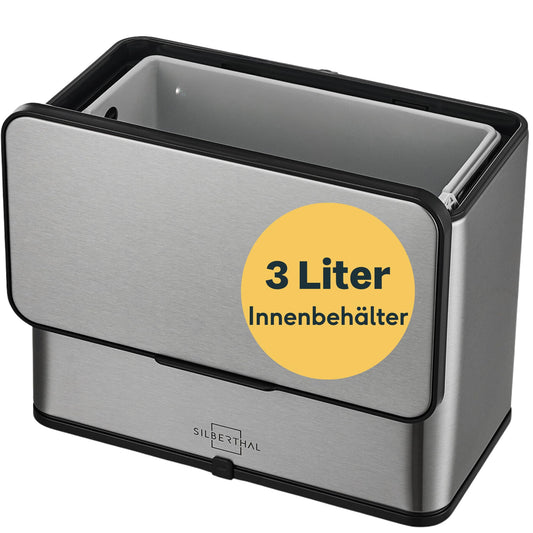 SILBERTHAL 3L stainless steel kitchen compost bin with lid and activated carbon filter. Dishwasher-safe inner container for odor-free composting in the kitchen.