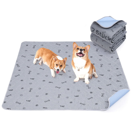 2 highly absorbent puppy pads, 122*122cm waterproof and washable puppy training pads, non-slip dog blanket for dog crate, sofa, and floor in grey color.