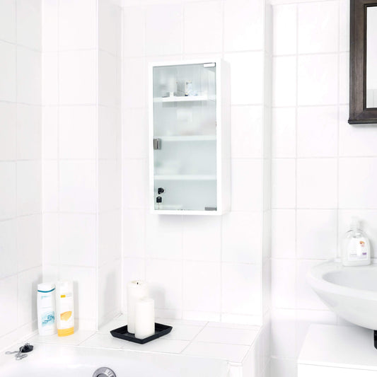 Relaxdays medicine cabinet EMERGENCY XXL Made of metal and glass Pharmaceutical cabinet for the bathroom HxWxD 57 x 27 x 12 cm with magnetic glass door 4 shelves for medication and bandages, white.