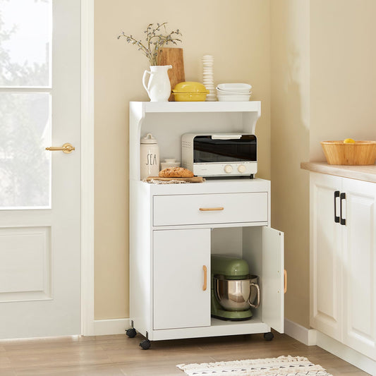 SoBuy® FSB12-W Microwave Cabinet with Wheels Kitchen Cabinet Kitchen Trolley Drinks Trolley with 2 Shelves, 2 Doors and 1 Drawer, White Dimensions approximately: 62x119x40cm
