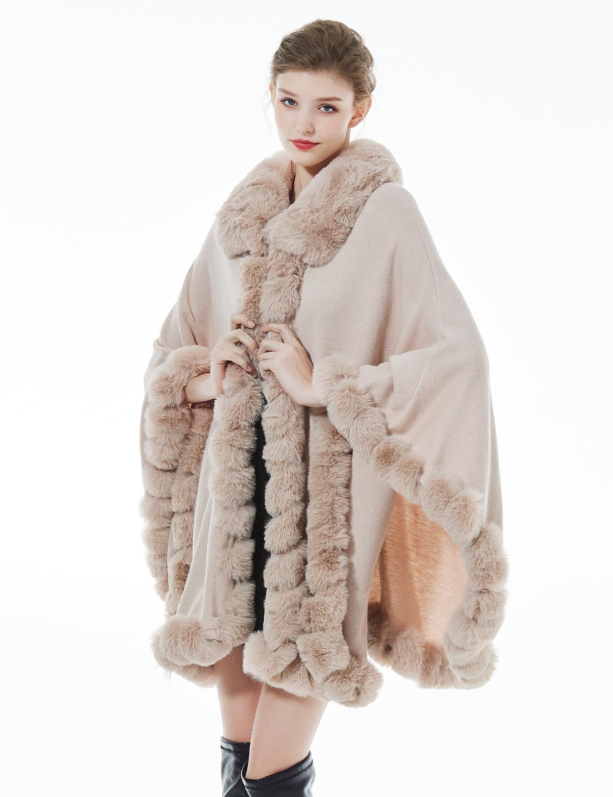 BEAUTELICATE Faux Fur Poncho Cape Knit Women's Winter Faux Fur Shawl Scarf Stole Cape Cardigan Warm with Collar for Wedding Ceremony Festive (Nude Pink, One Size)