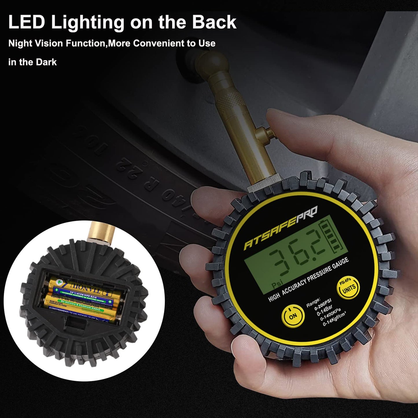 ATsafepro Digital Tire Pressure Gauge, Air Pressure Gauge 200 PSI for car, truck, SUV, motorcycle, digital tire pressure gauge certified ANSI B40.1, accurate and LCD with backlight.