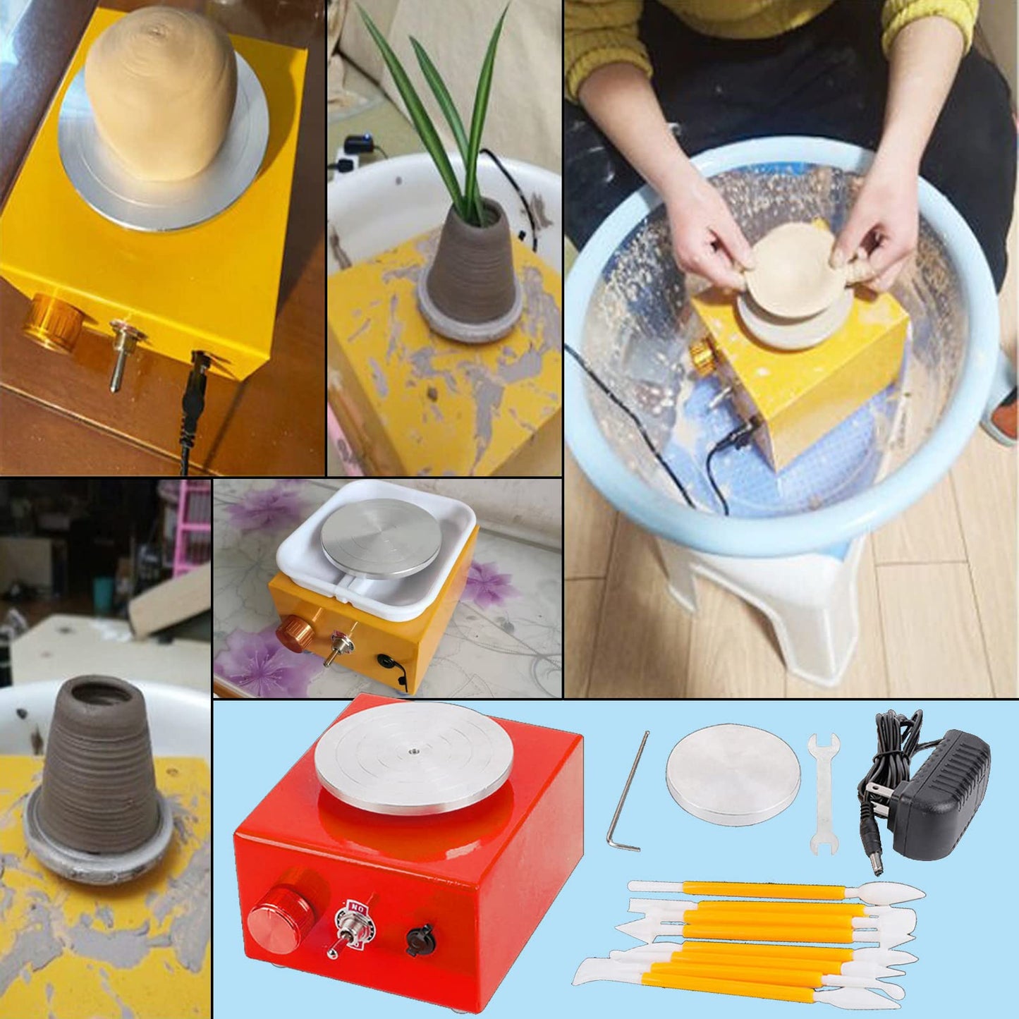 DYOUen Electric Pottery Wheel - Clay Machine With 10 cm Turntable and Removable ABS Soundproofing Pottery Wheel Electric Mini Pottery Set for Beginners (Red)