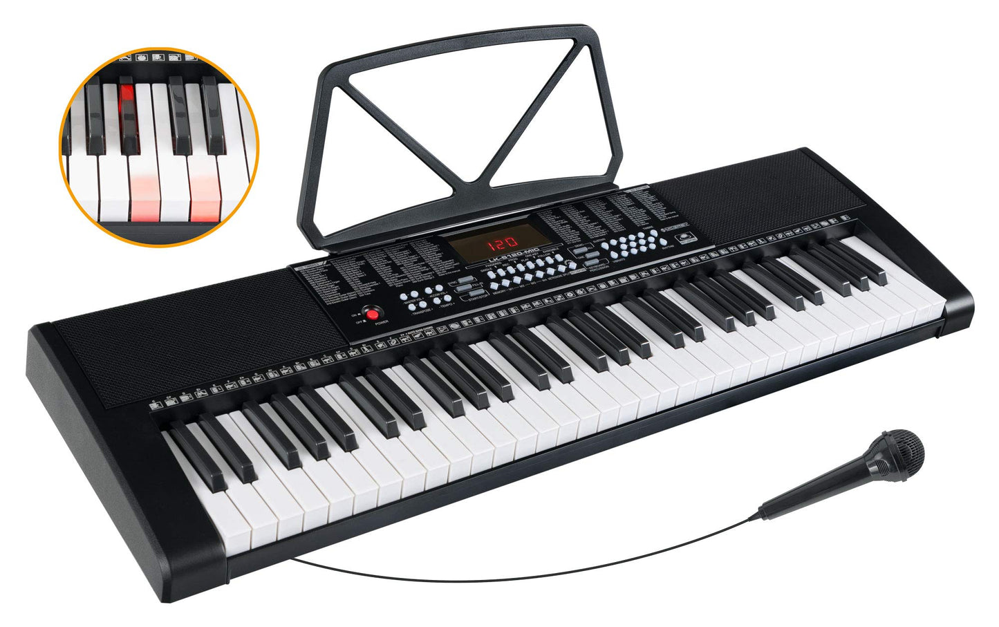 McGrey LK-6120-MIC Keyboard Set - beginner keyboard with 61 light-up keys - 255 sounds and 255 rhythms - 50 demo songs - includes microphone - savings set includes X keyboard stand and headphones - black