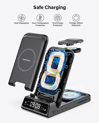 Inductive charging station for Samsung S25/Watch 8/8 Classic, SwanScout 703S, 3 in 1 Wireless Charger for Samsung S25 Ultra/S25+/S24/Fold 7, charger for Galaxy Watch Ultra 2025/7/6/5 & Buds (No Adapter)