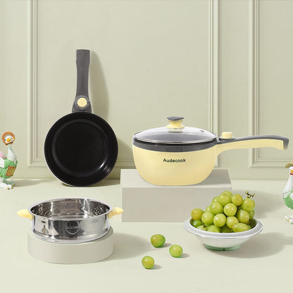 Audecook Electric Hot Pot with Steamer, 1.5 L/20cm Electric Frying Pan Hotpot Pot Non-stick Mini Electric Skillet, Multicooker for Dorm Ramen, Steak (B (yellow/1.5l with steamer))