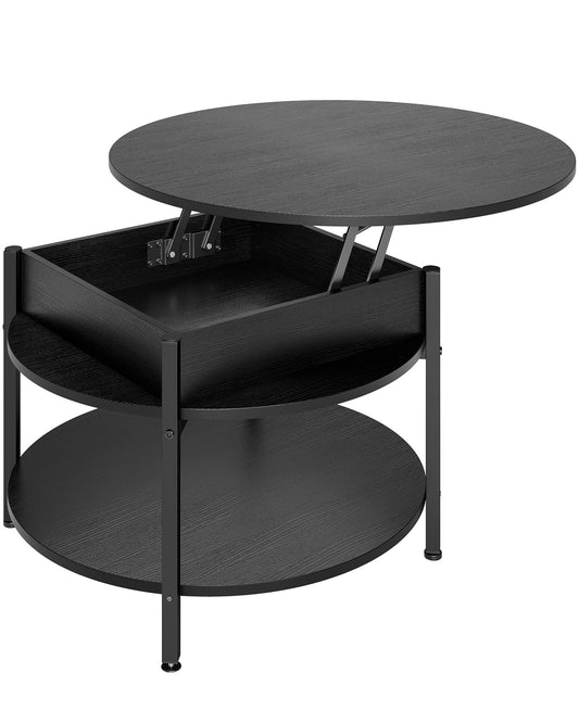 Round coffee table with lift top, height-adjustable coffee table, side table, living room table with hidden storage, open compartment, metal frame, for living room, office, 70 x 70 x 50 cm, Black