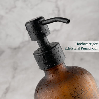 MONOKO 4-piece set soap dispenser Brown Matt made of glass | 500ml shampoo bottles for filling | Dish soap dispenser kitchen | Dispenser pump head stainless steel | Pump bottle + sticker
