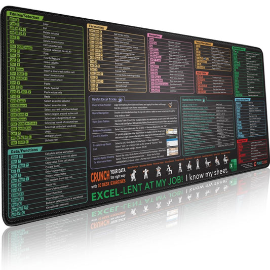 Pixiecube Excel shortcut keys mousepad, extended large XXL cheat sheet, gaming mousepad, PC office spreadsheet, keyboard mat, non-slip stitched edges.