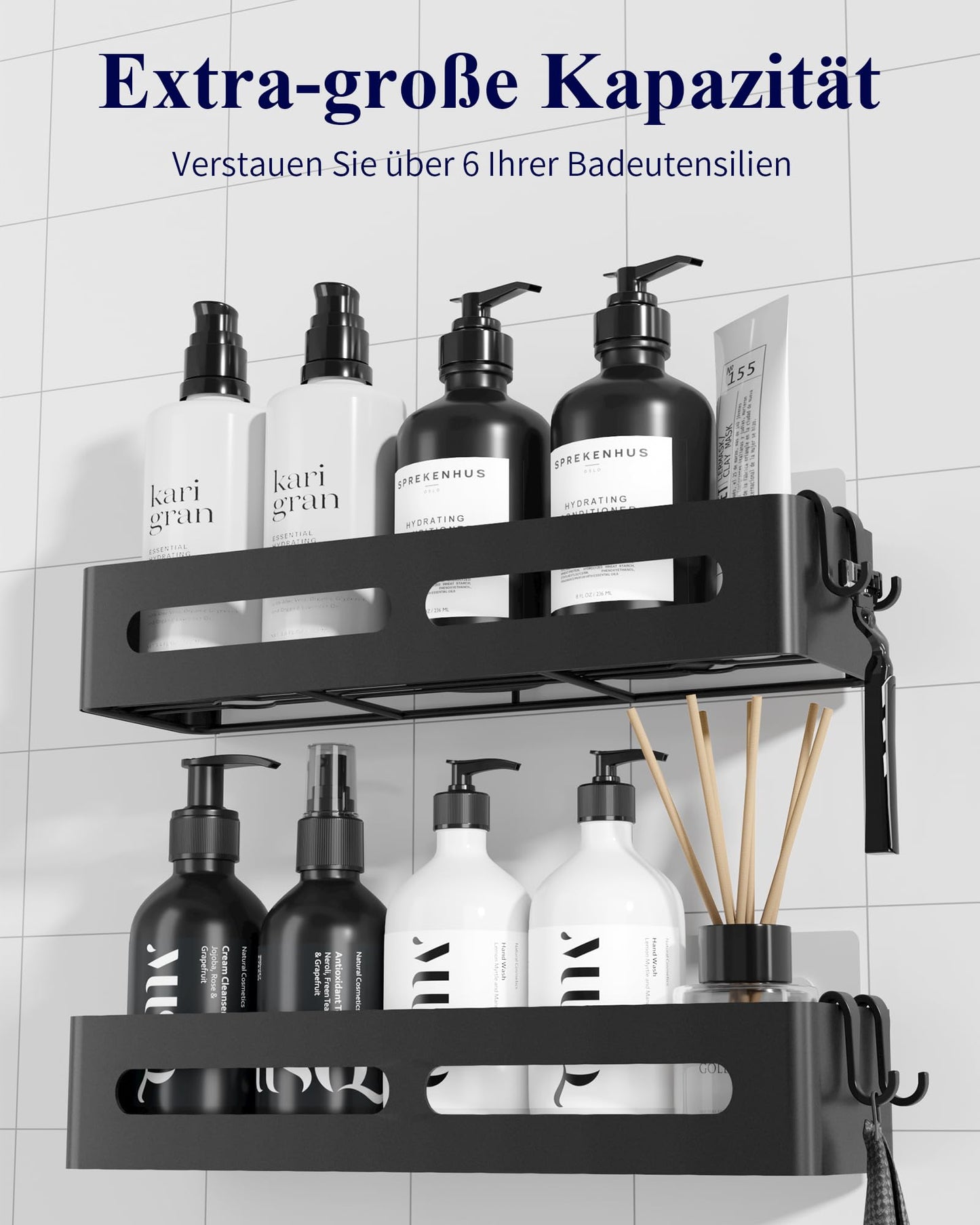 Kitsure Shower Caddy No Drilling - 2 Pack, Shower Shelf No Drilling with Large Capacity, Rustproof Wall Mounted Bathroom Shelf No Drilling, Self-Adhesive Shower Caddy, 35.5 x 12.0 x 5.5 cm, Black