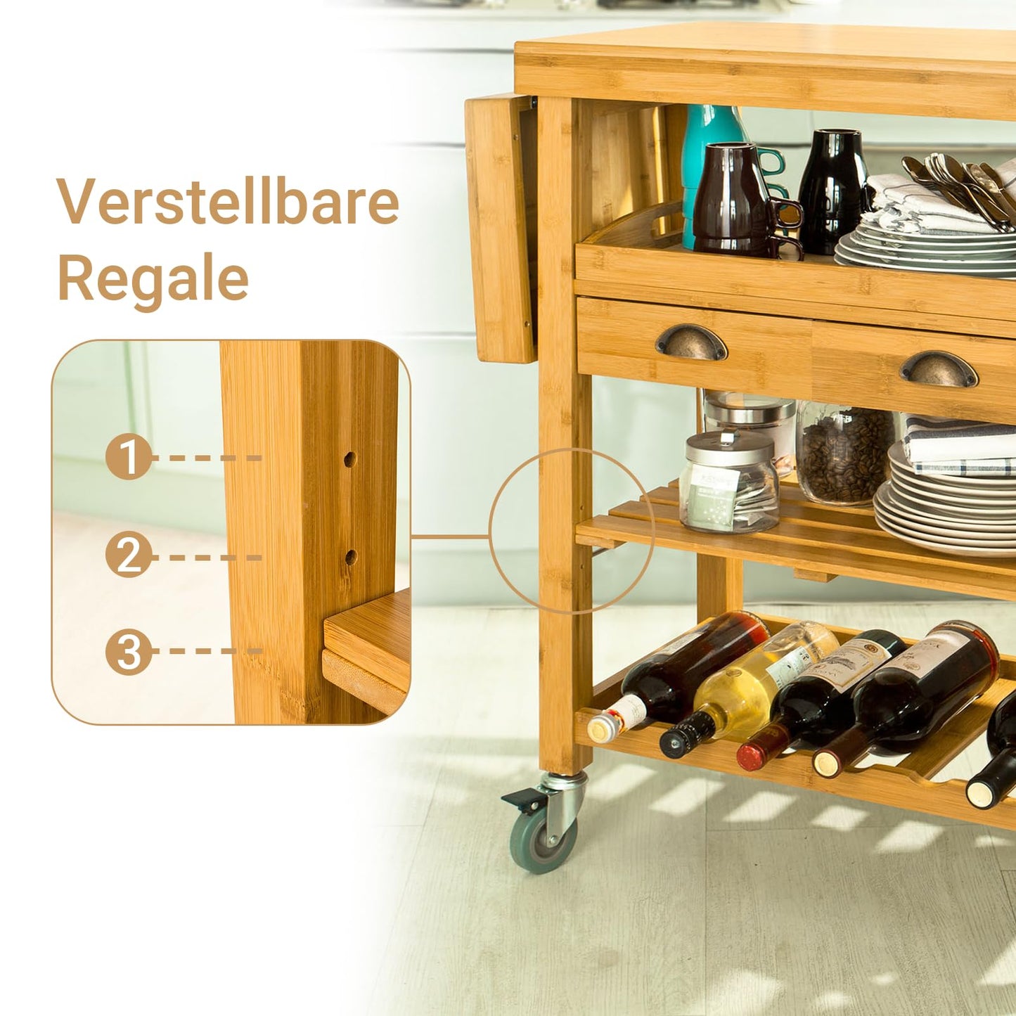 SoBuy bamboo kitchen trolley with wheels - kitchen cart with worktop, wooden side table with foldable shelf, kitchen trolley - ideal as a kitchen island in industrial design 135x92x37cm FKW25-N.