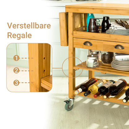 SoBuy bamboo kitchen trolley with wheels - kitchen cart with worktop, wooden side table with foldable shelf, kitchen trolley - ideal as a kitchen island in industrial design 135x92x37cm FKW25-N.