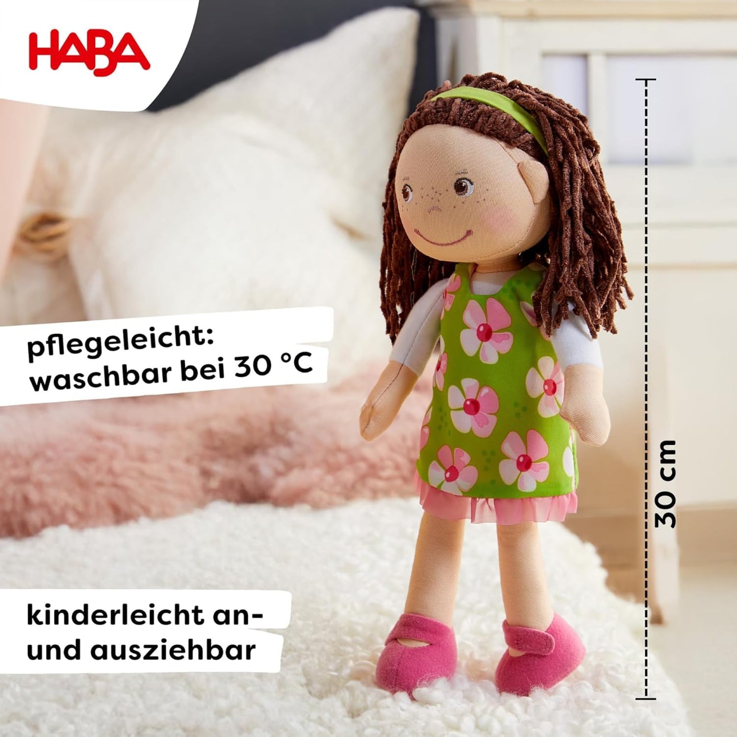 HABA Cuddly doll Coco - Soft fabric doll 30 cm, perfect for girls and boys, washable and easy to dress and undress, for ages 1.5 and up - 1303666001