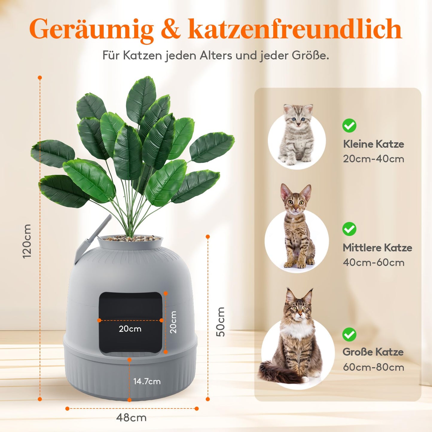 Lifewit Cat litter box with artificial plant and scoop for large cats, hidden cat litter box with odor control & charcoal filter in living room/bedroom/bathroom, Gray