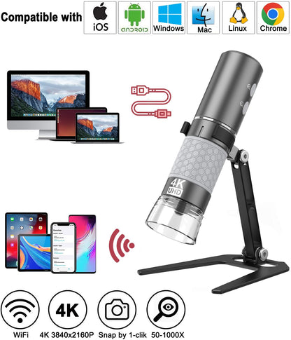 Jiusion WiFi USB Digital Microscope, 50 to 1000X Wireless Magnification Endoscope 4K 3840 x 2160P Camera 8 LEDs with Metal Stand for iPhone iPad Android Mac Windows Linux Chrome