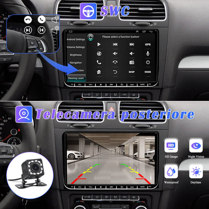 Hikity Android13 car radio with wireless Carplay and navigation for VW Golf 5 6 Passat B6 B7 Jetta Polo Touran Caddy Sharan Seat. 9-inch stereo radio with Bluetooth, WiFi, FM, Android Auto, and rearview camera.