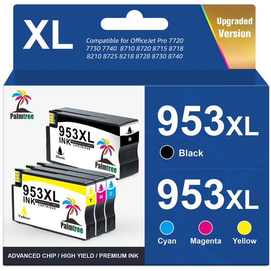 Palmtree 953XL printer cartridges refilled for HP 953XL multipack 953 XL for HP Officejet Pro 7720 cartridges Pro 7740 8715 8710 8210 8720 7730 8218 8730 8725 8718 8728 8740 printer (4-pack)