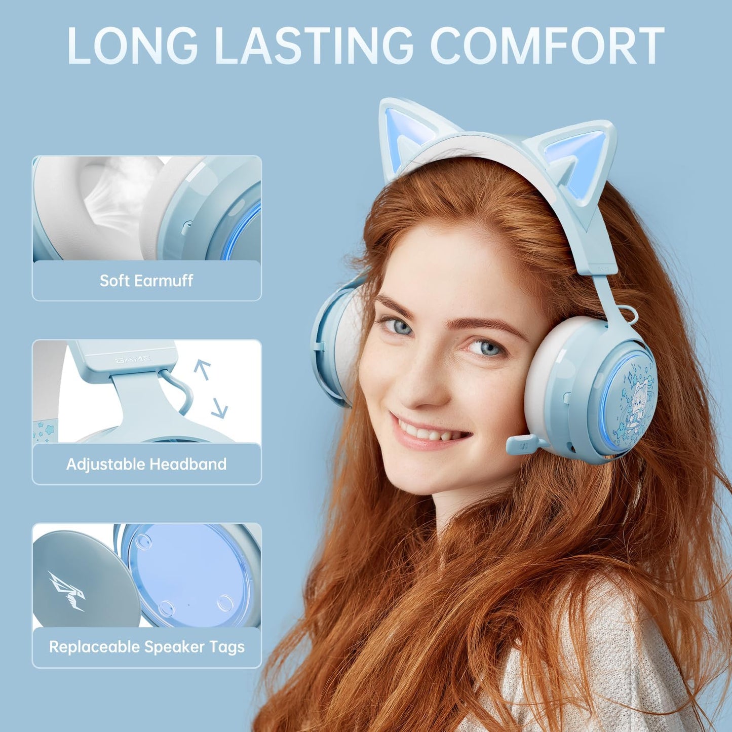 Somic Cat Ear Headphones, 2.4G/Bluetooth Wireless Gaming Headset for PS5, PS4, PC with RGB lights and retractable microphone, 10 hours playtime, for laptop, smartphone - GS510 Pro in Blue.
