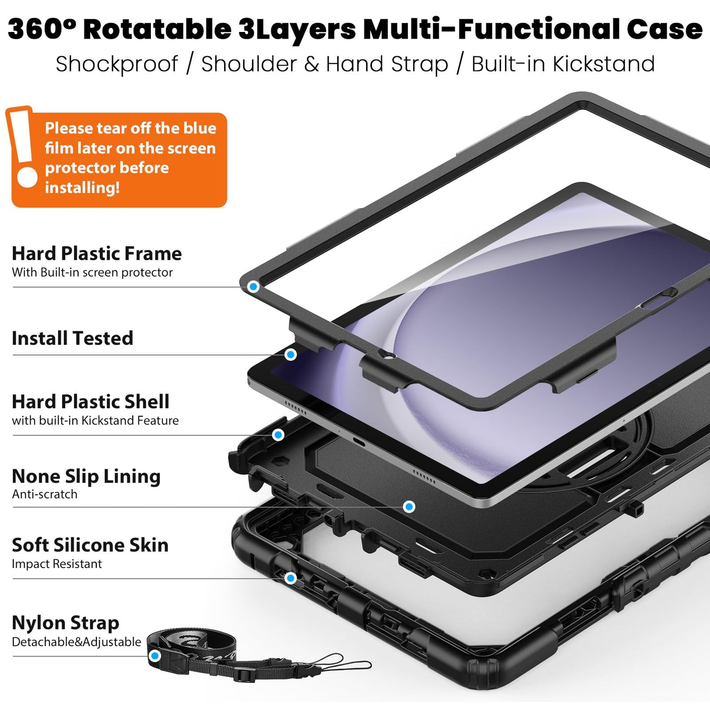 timecity case for Samsung Galaxy Tab A9+ / A9 Plus 11 inch 2023, Shockproof Robust Galaxy Tab A9 Plus case with screen protector, 360° Rotatable Stand, Hand Strap, Shoulder Strap, Pencil Holder, Black