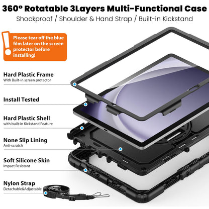 timecity case for Samsung Galaxy Tab A9+ / A9 Plus 11 inch 2023, Shockproof Robust Galaxy Tab A9 Plus case with screen protector, 360° Rotatable Stand, Hand Strap, Shoulder Strap, Pencil Holder, Black