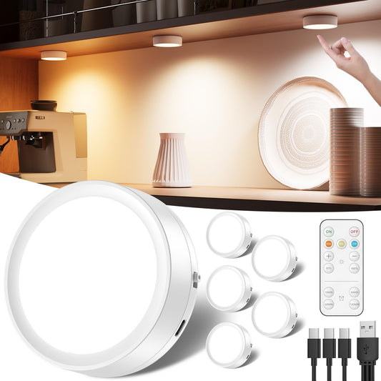 Dimmable LED spot with battery and remote control, 2400mAh USB rechargeable cabinet lighting wireless under cabinet kitchen LED round touch lamp battery operated magnetic adhesive light