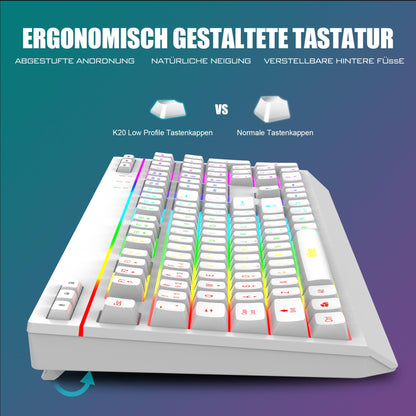 RedThunder K20 Wireless Gaming Keyboard and Mouse Set, QWERTZ DE Layout, RGB Backlight + Multimedia Function Keys, 4800 DPI Wireless Mouse for PC Mac Laptop (White)