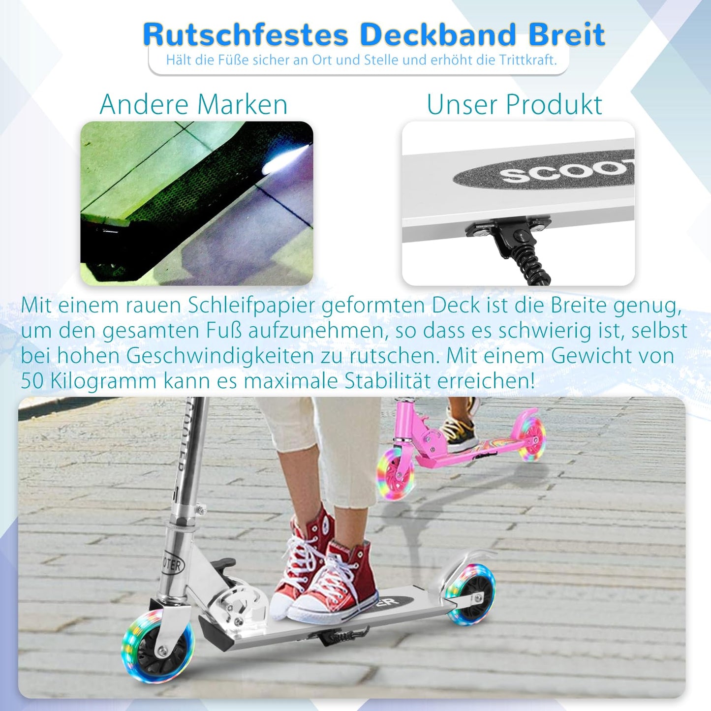 TENBOOM Kids Scooter 6 years, with 2 LED light-up wheels. Foldable and height adjustable, with rear brake. Suitable for boys and girls aged 3-10.
