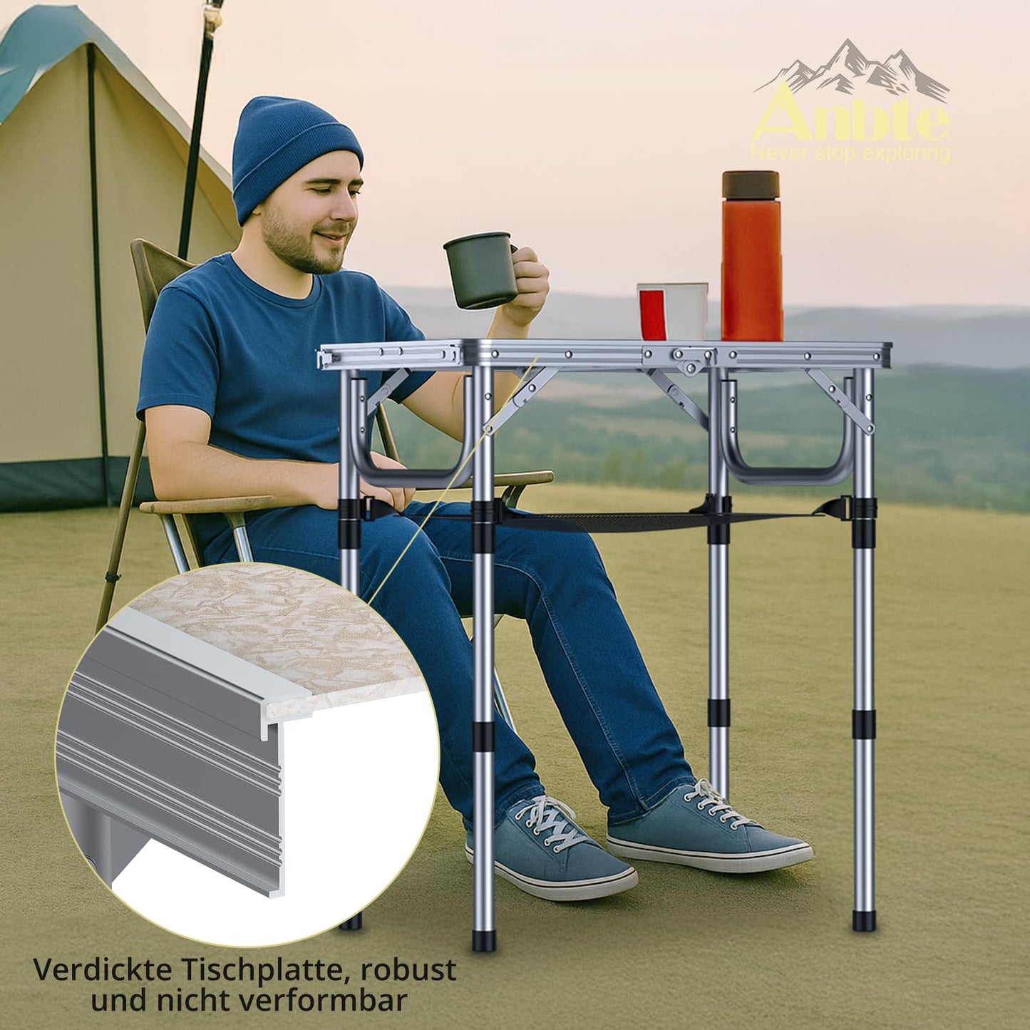 Offer camping table folding table 60x40cm aluminum frame with 3 height adjustable 26/48/70cm picnic table with storage net portable multifunction table for camping beach balcony (white)