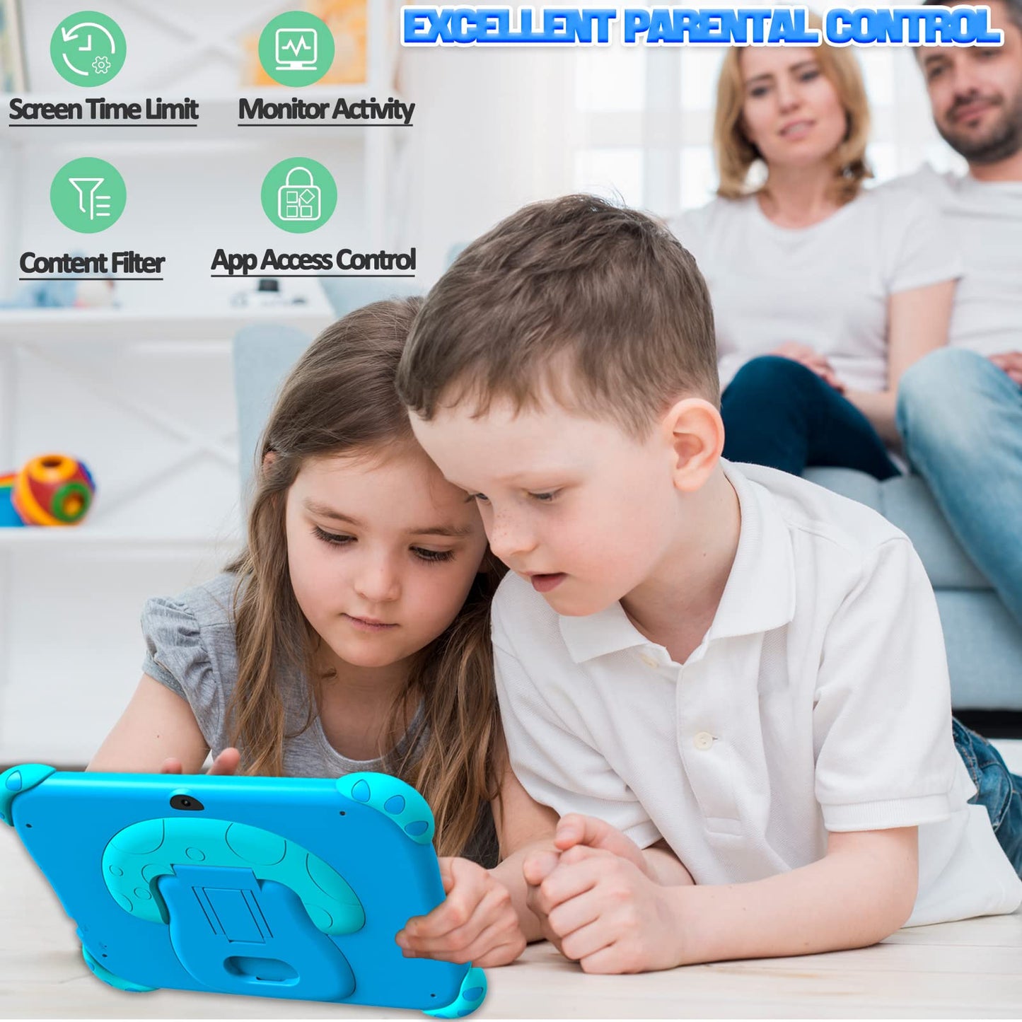 Ascrecem Kids Tablet 7 Inch Android Tablet for Kids with WiFi6 Dual Camera Bluetooth Parental Control Quad Core 2GB 32GB ROM Kids Software Toddler Children's Tablet for ages 3-7 years for girls boys (Blue)