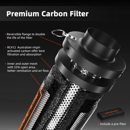 Spider Farmer Exhaust Set 100mm/4 Inch duct fan with RJ12 speed controller, activated carbon filter exhaust ventilation set, 27W grow ventilation kit, 205 CFM ventilation system for grow tent, grow box, garage.