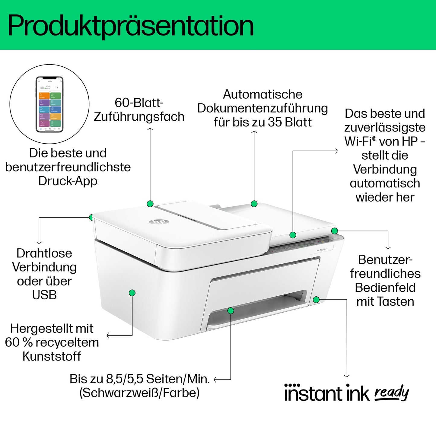 HP DeskJet 4220e All-in-One printer, 3 months free printing with HP Instant Ink included, HP+, printer, copier, scanner, mobile faxing, WiFi, automatic document feeder, White