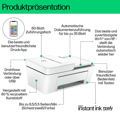 HP DeskJet 4220e All-in-One printer, 3 months free printing with HP Instant Ink included, HP+, printer, copier, scanner, mobile faxing, WiFi, automatic document feeder, White
