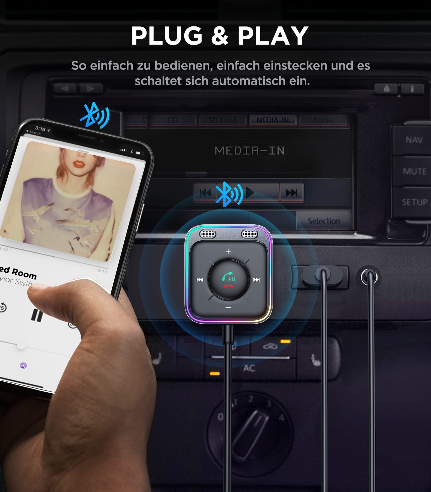 JOYROOM 2025 Aux Bluetooth Adapter Car with Hands-Free Calling, Hi-Fi Stereo Audio, USB Bluetooth 5.4 Adapter, Plug & Play Car Bluetooth Receiver Jack Aux for Car Speakers, Amplifiers.
