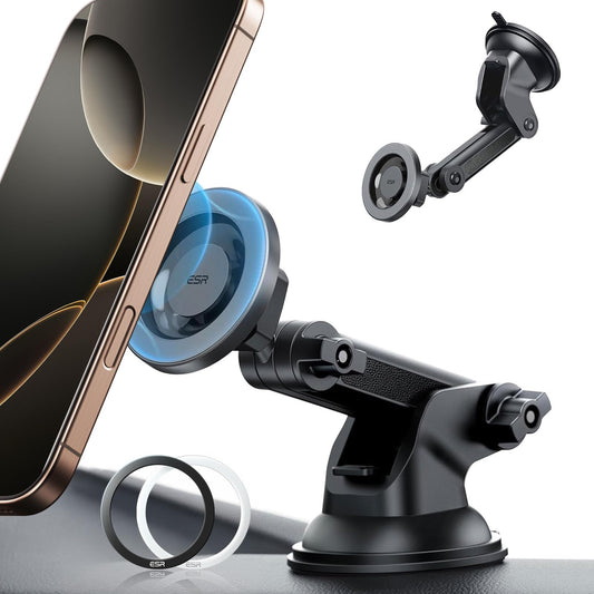 ESR car phone mount for Magsafe, magnetic suction cup dashboard and windshield phone holder for iPhone Air/17/16/15/14/13/12/Google Pixel 10/Samsung/Android, all smartphones.