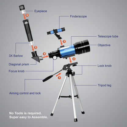 Aomekie Telescope for Kids Beginners 70MM Astronomy Telescope with Smartphone Adapter Aluminum Tripod Barlow and Erecting Eyepiece