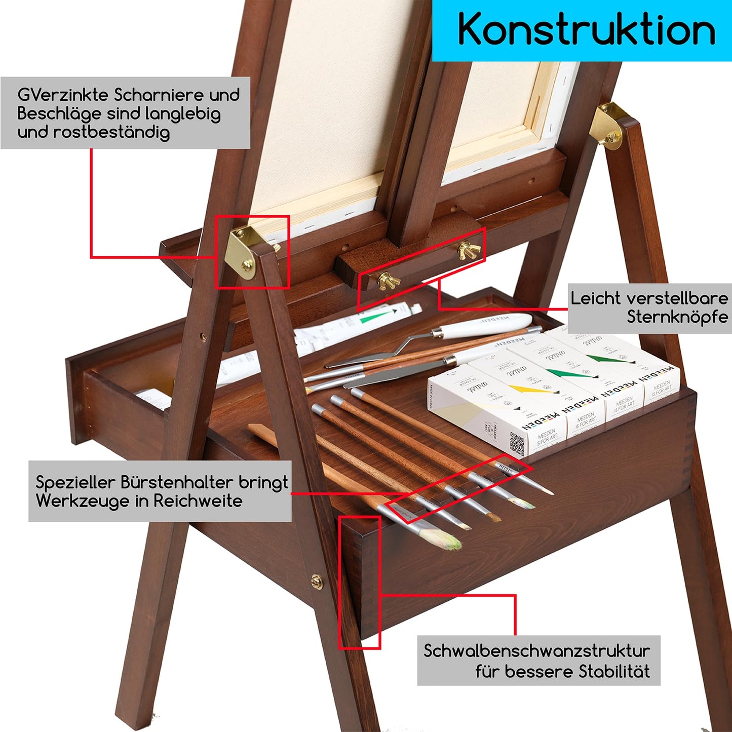 MEEDEN wood easel with storage drawer, adjustable canvas stand made of German beechwood, ideal for artists and adults, holds canvases up to 91cm.