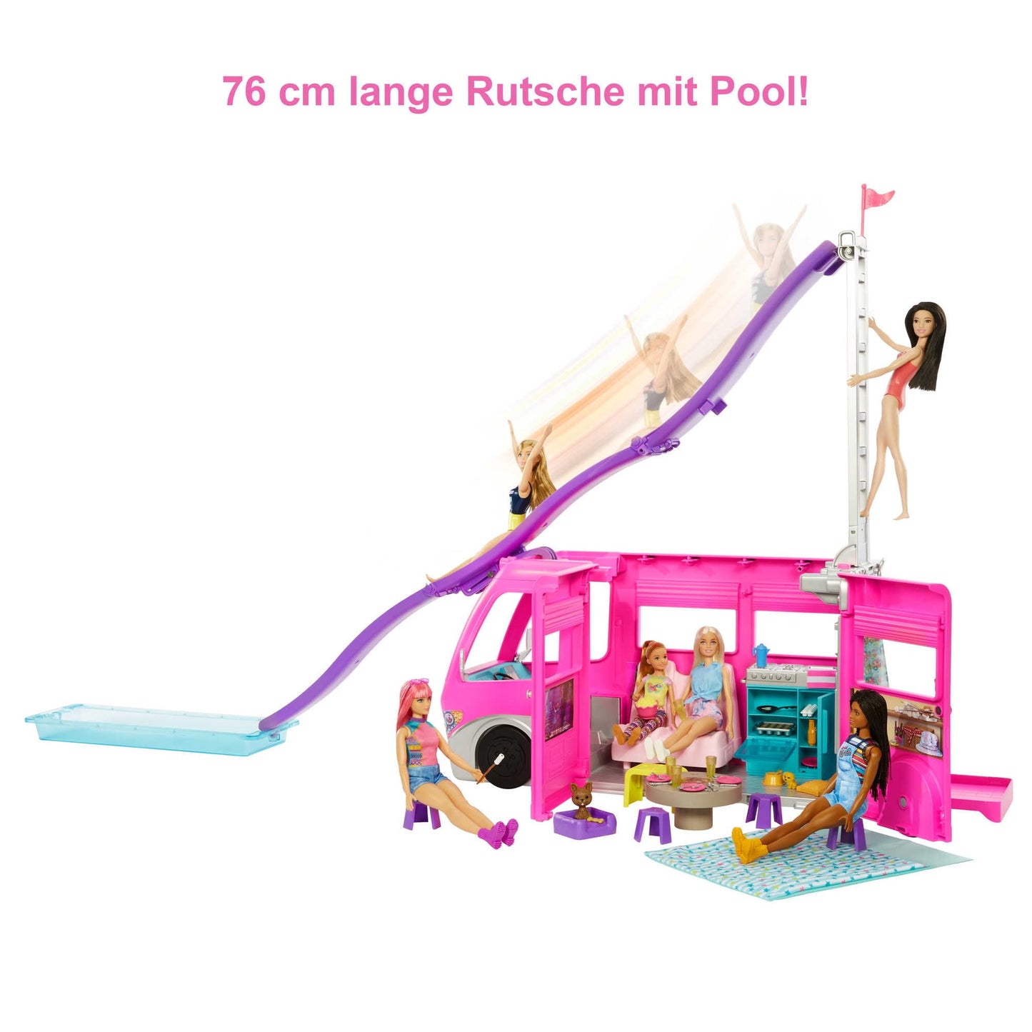 Barbie Super Adventure Camper Vehicle, with 7 play areas, including pool and slide, 60 camping accessories, doll, gift, suitable for ages 3 and up, HCD46.