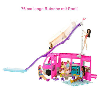 Barbie Super Adventure Camper Vehicle, with 7 play areas, including pool and slide, 60 camping accessories, doll, gift, suitable for ages 3 and up, HCD46.