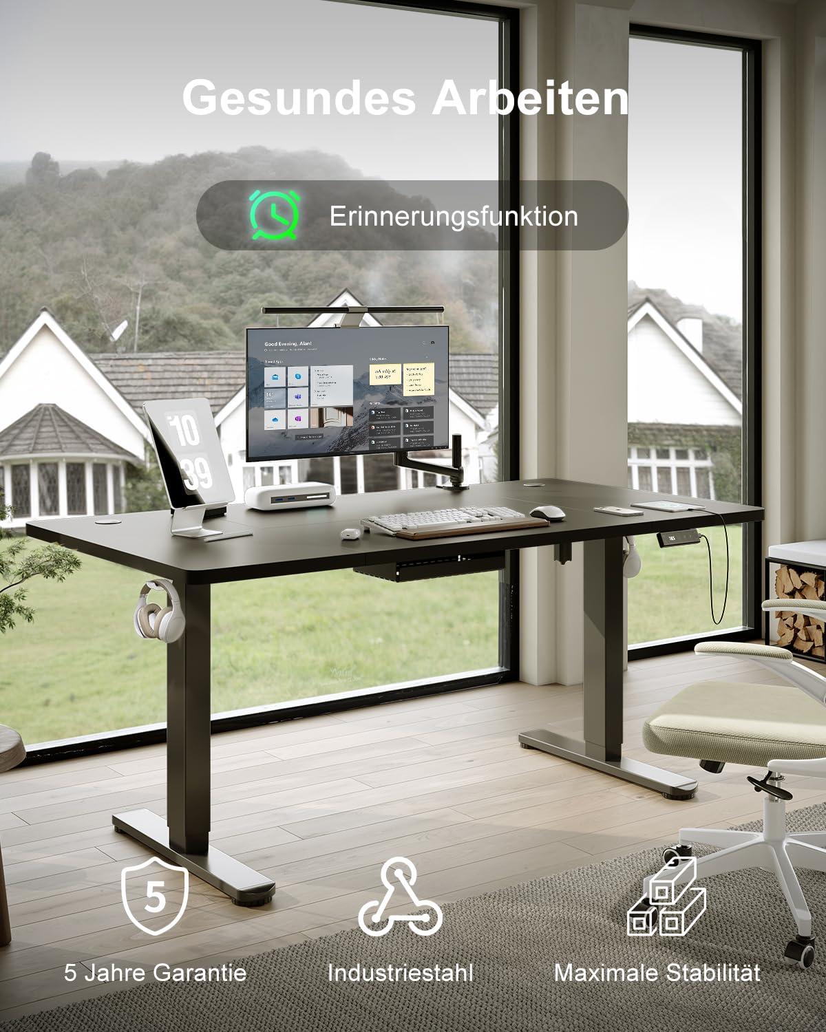 Devoko Height Adjustable Desk 160x80cm with Type-C Charging Port, Electric Height Adjustable Desk, Mobile Electric Computer Desk with Cable Management Tray, Black