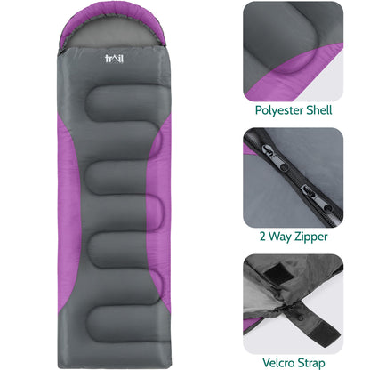 Alpine trail sleeping bag with hood - 250g bag, 3-season sleeping bag. Lightweight, compact - with hood and compression sack (Purple)
