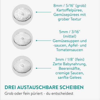 Navaris stainless steel food mill with 3x sieve inserts - perfect for soups, jams, baby food, and sauces. Includes 3 sieve inserts and a durable stainless steel design.