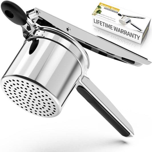 Potato masher, spaghetti ice cream maker, 405ML heavy-duty stainless steel potato press makes fluffy mashed potatoes, strong ricer disc without mess, with comfortable silicone handle, dishwasher safe.