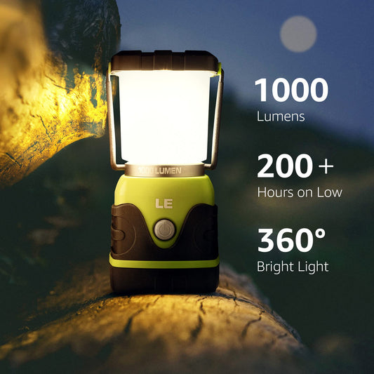 The LE LED camping lantern, ultra bright with 1000 lumens, 3 adjustable brightness levels, battery-powered emergency light for power outages, camping, emergencies, and more.