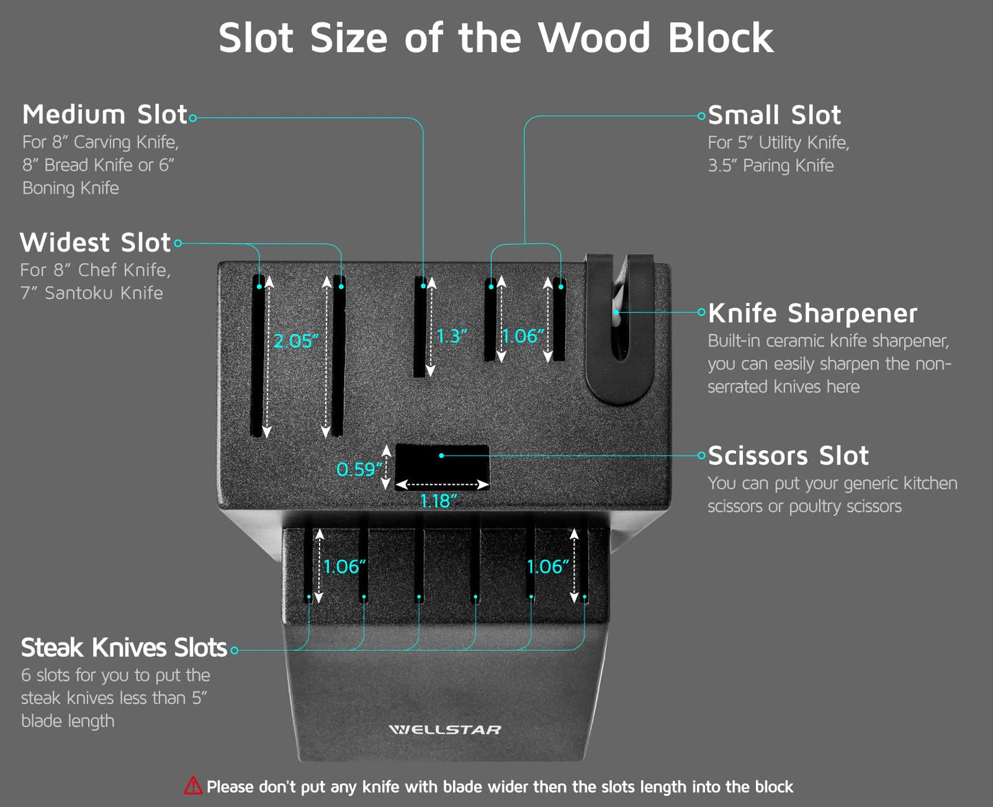 Knife block without knives, WELLSTAR Natural Wood Kitchen Knife Block without Knives – Hardwood Countertop Knife Storage with Built-In Knife Sharpener - Black