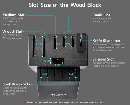 Knife block without knives, WELLSTAR Natural Wood Kitchen Knife Block without Knives – Hardwood Countertop Knife Storage with Built-In Knife Sharpener - Black