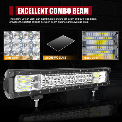 LED work light bar SKYWORLD 50cm 288W Lightbar LED spotlight combo auxiliary light 12V 24V + 2 x 10cm 18W off-road floodlight reverse lights with wiring harness for 4x4 trucks, cars, tractors, SUVs.