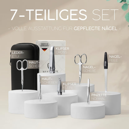 Manicure Set Solingen - Bestseller with top price/performance ratio - Genuine leather case handy and soft - 7-piece nail set for women and men marQus made of glossy nickel-plated polished steel