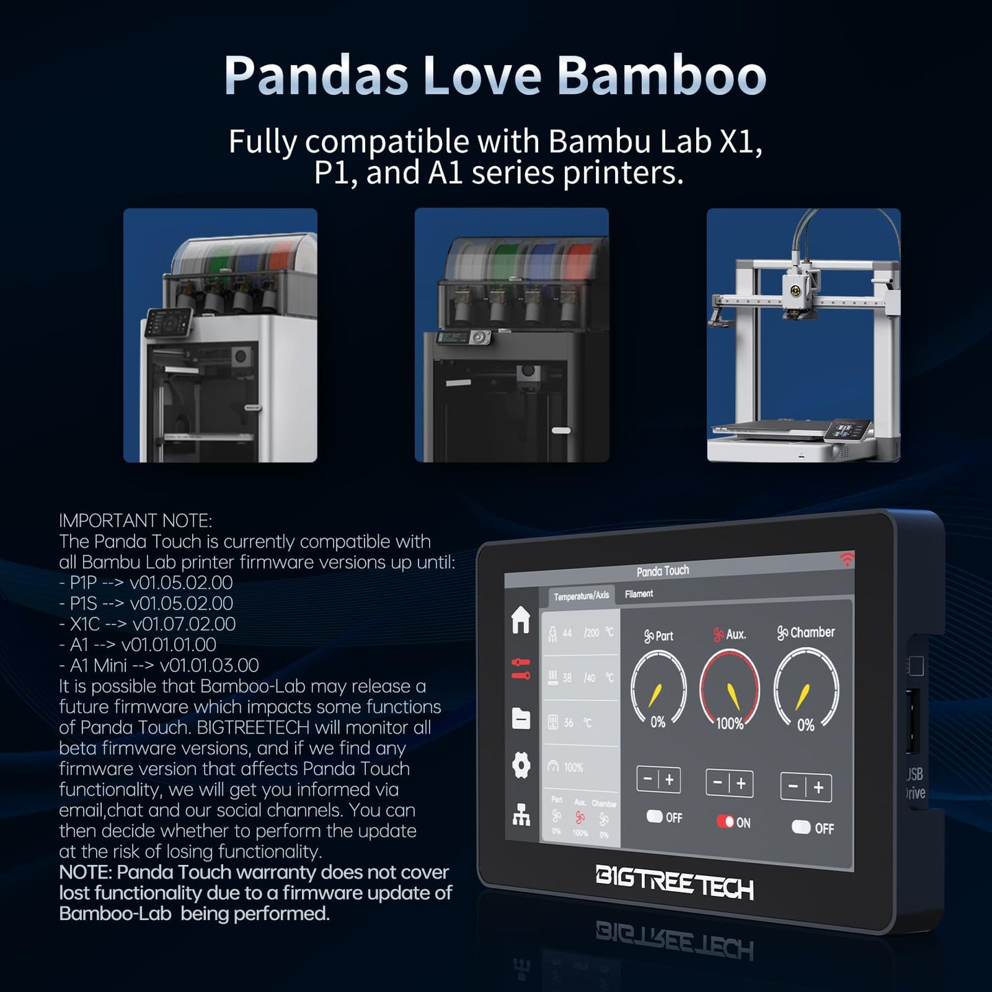 BIGTREETECH Panda Touch, compatible with Bambu-lab P1S/P1P/X1C/A1/A1 Mini 3D printers, touchscreen upgrade kit, supports AMS and multi-printers management. Please check firmware compatibility.