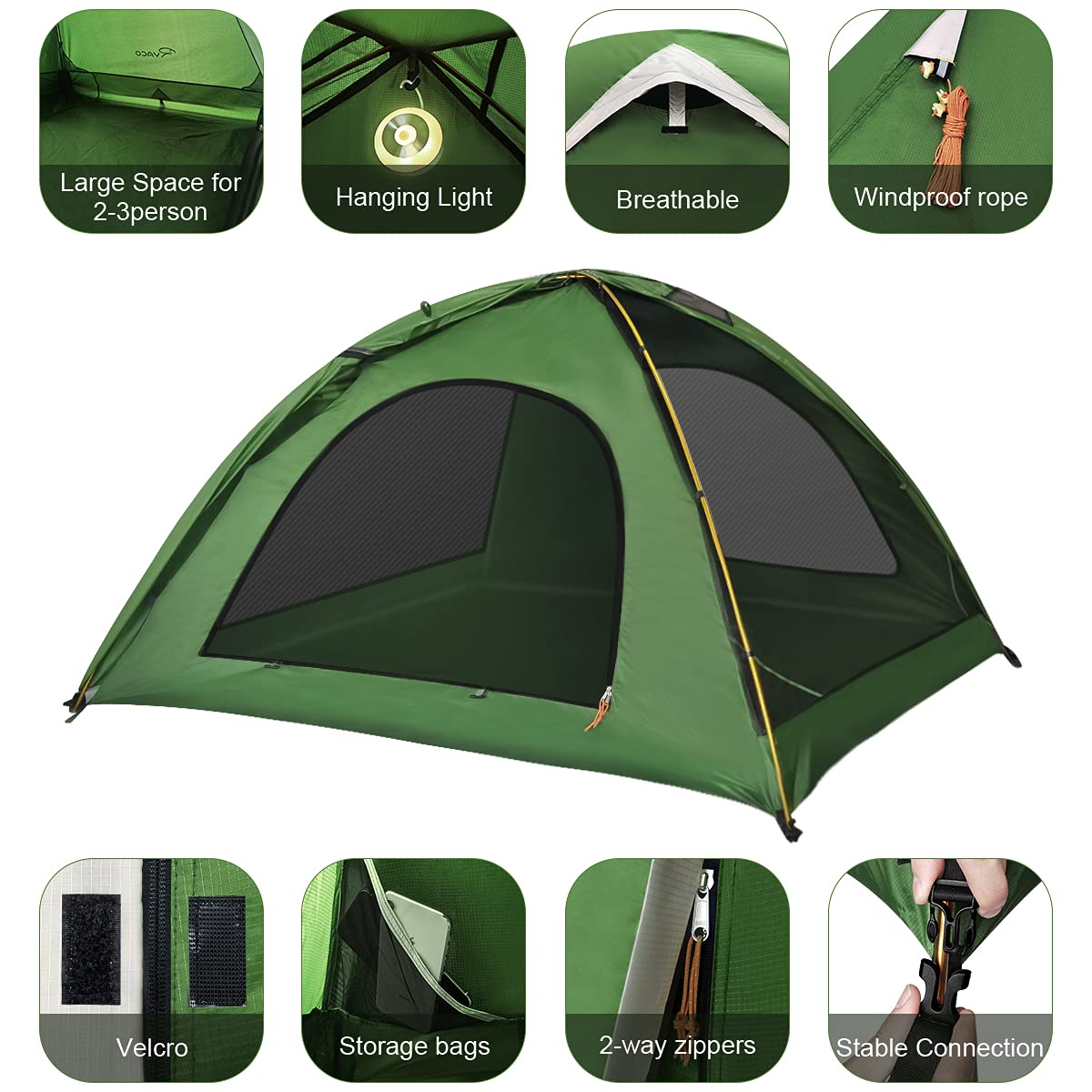 RYACO Tent 2-3 Person Camping Tent, 2 Doors Waterproof & Windproof 3-4 Season Ultralight Tents for Adult Camping, Backpacking, and Outdoor Hiking Gear